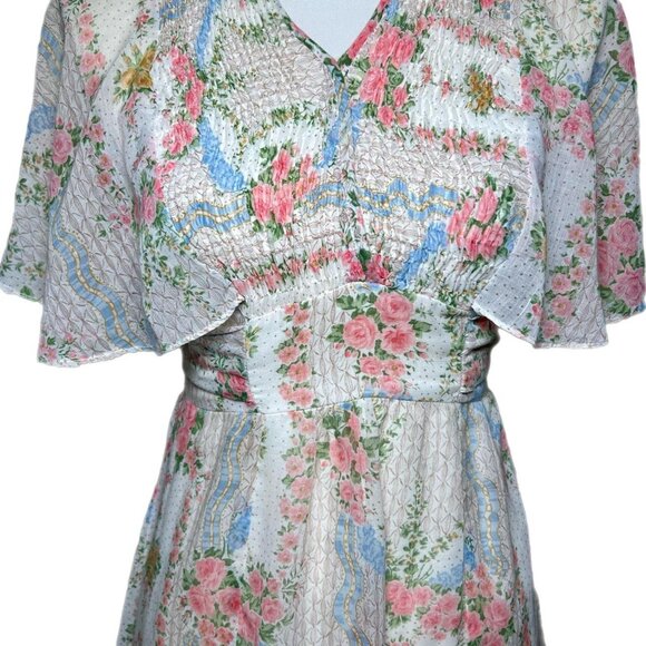 Vintage 70’s White w/ Pink Floral Prairie Cottagecore Maxi Dress - Picture 2 of 8